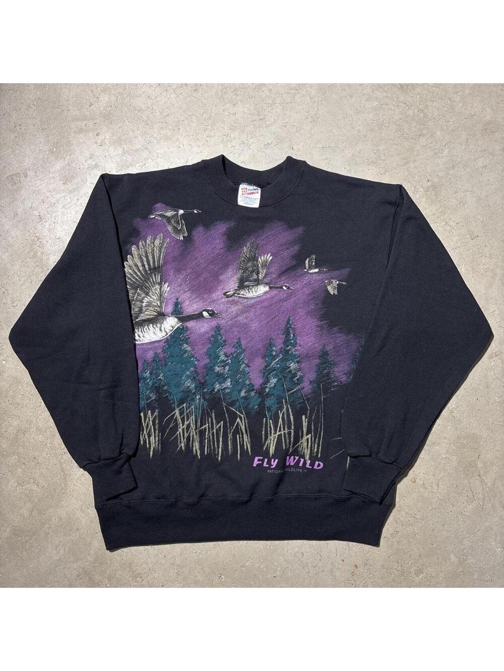 Vintage 90s Fly Wild Canada Geese Sweatshirt Black Mens L Wildlife Hanes